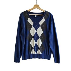 IZOD Blue Argyle V-Neck Sweater, 100% Cotton, Size XL